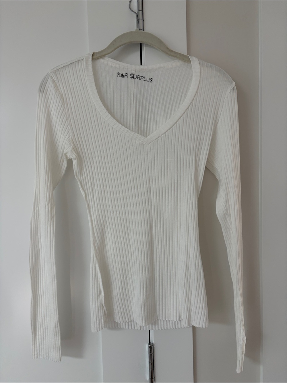 R&R Surplus Women's Ribbed V-Neck Long Sleeve Top - White